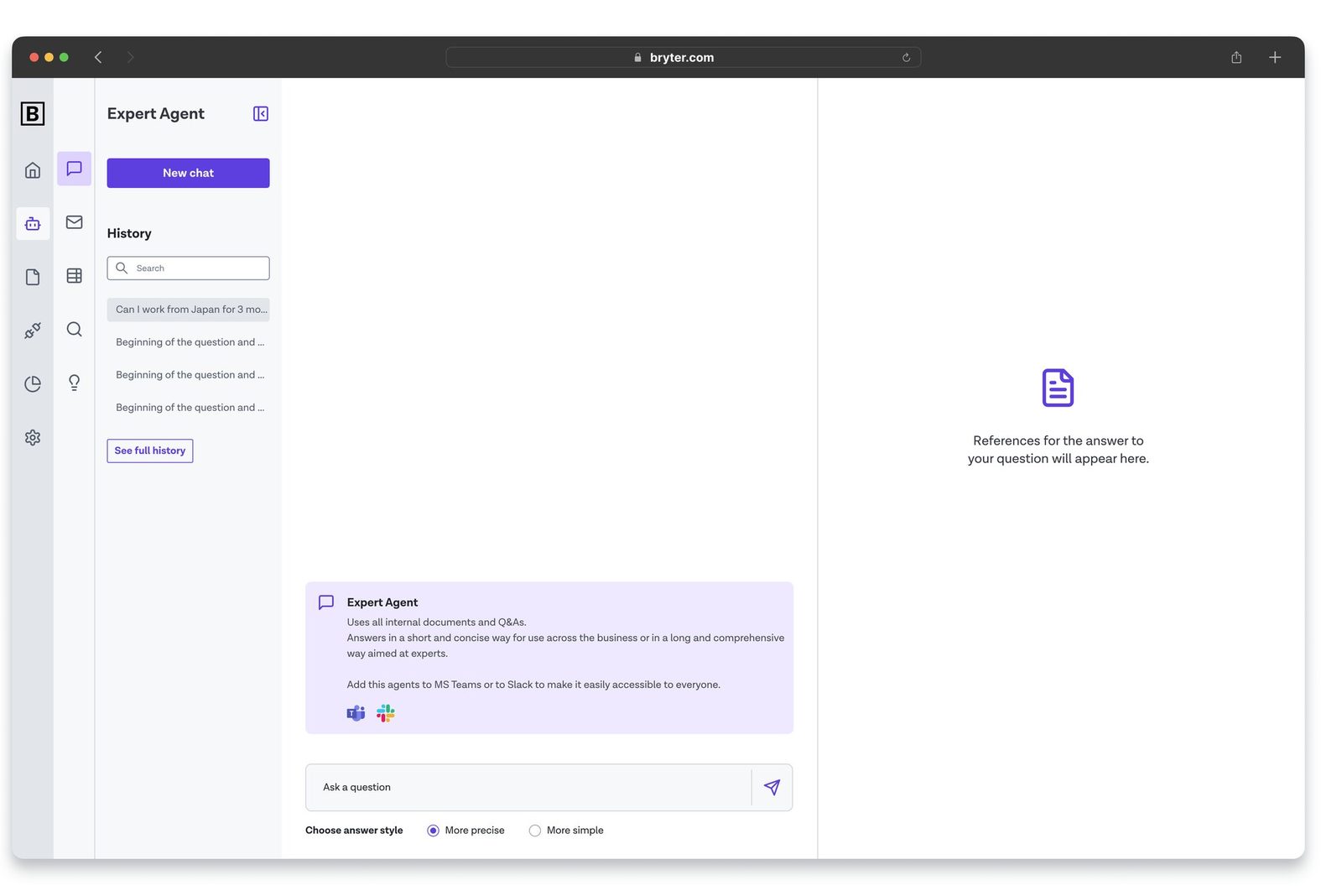 Expert Agent: chat history and a panel for answer references