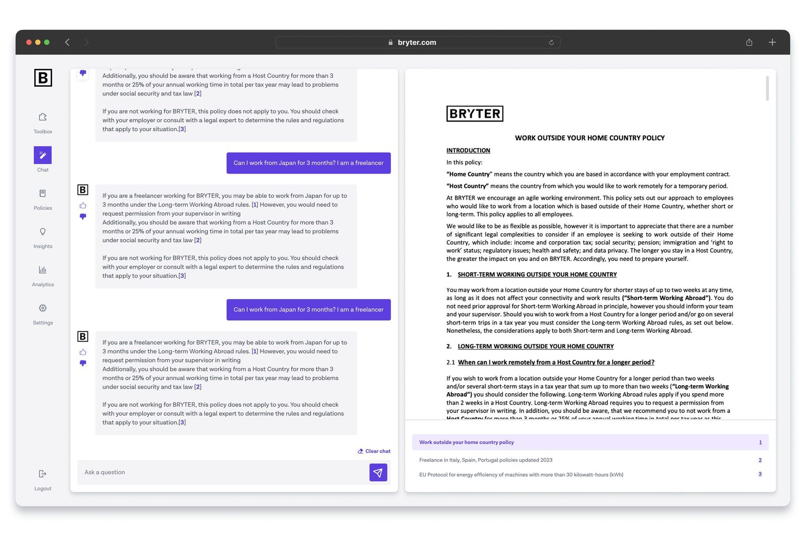 Chat answer next to the source policy, with references