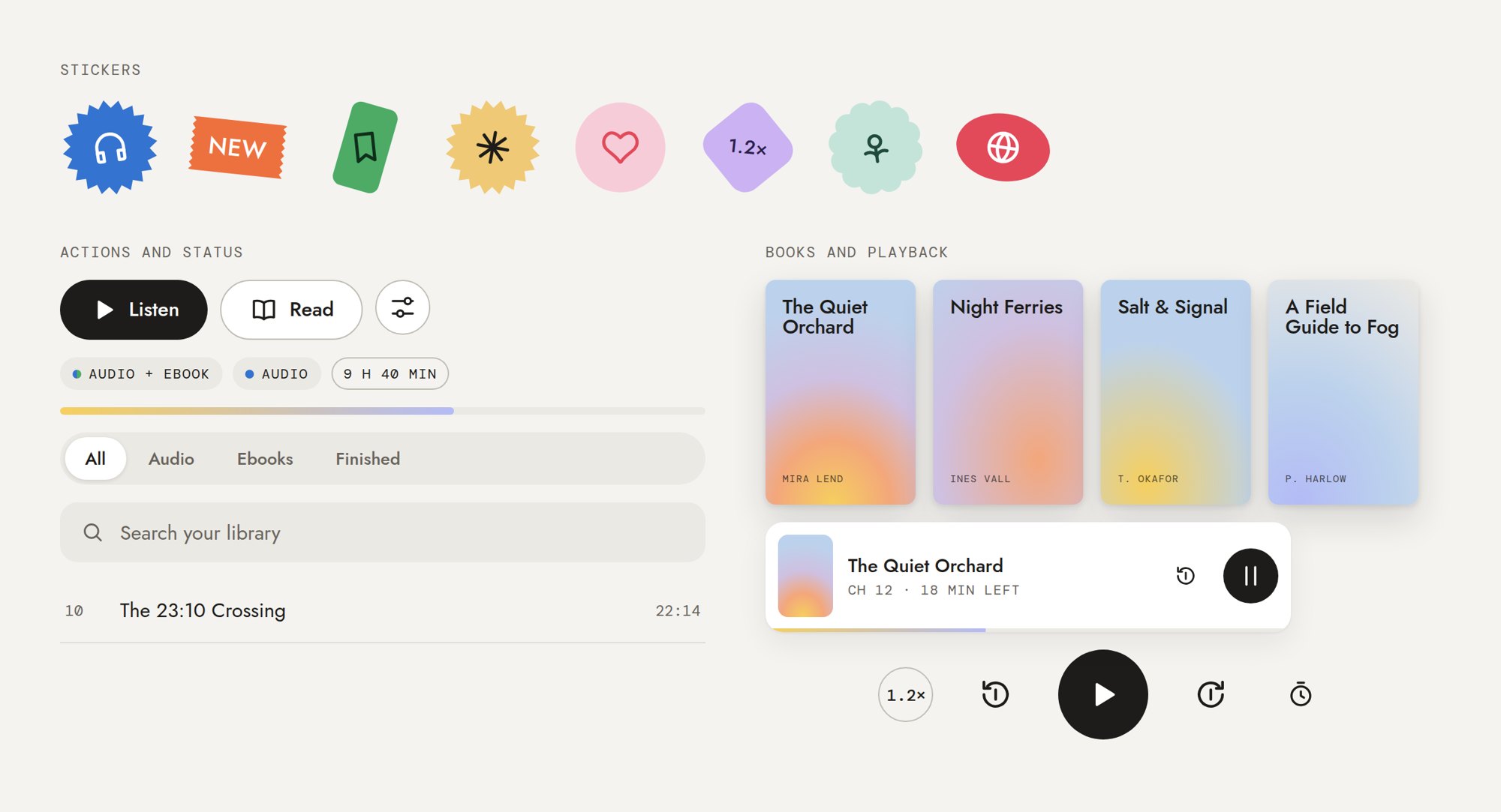 Dogear components: stickers, actions, books and playback
