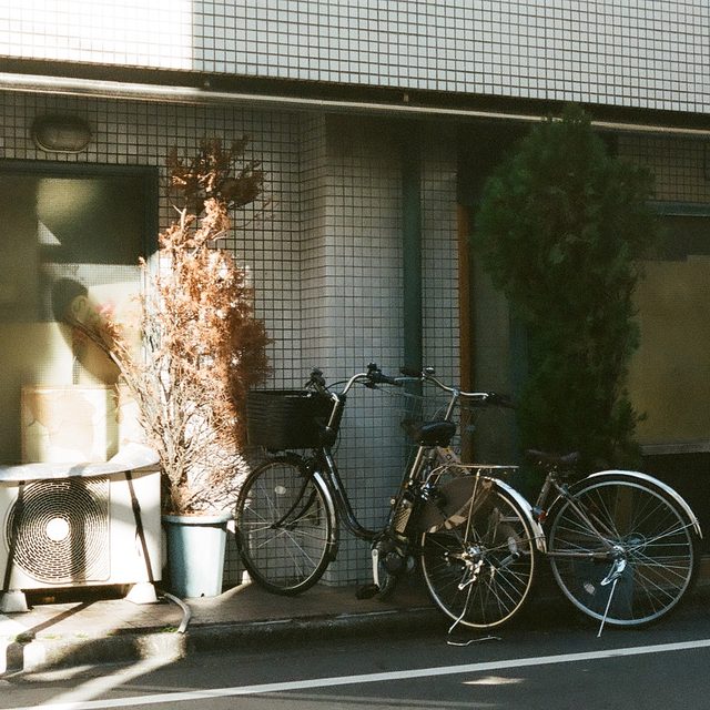 Two bicycles against a tiled wall, Tokyo