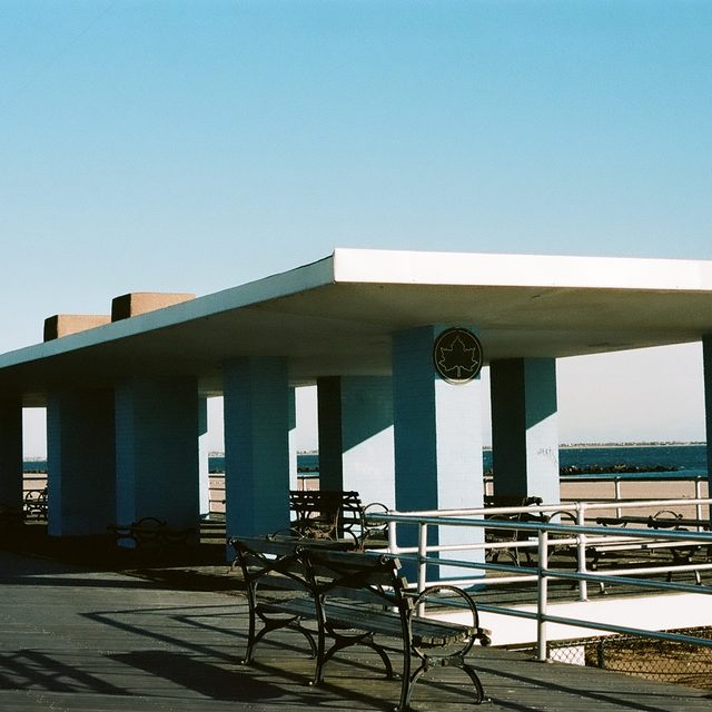 Blue pavilion on the boardwalk
